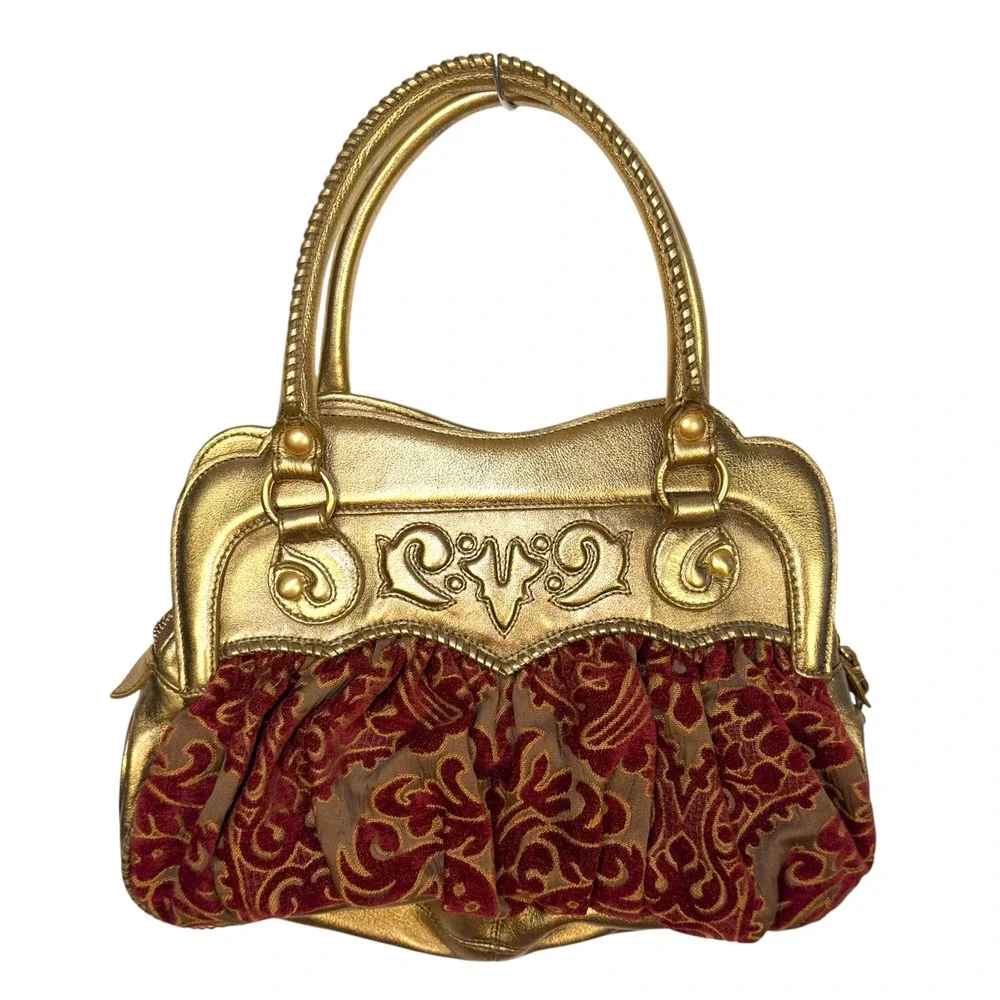 Isabella Fiore Satchel Gold Red Metallic Leather Velvet Damask Boho Handbag